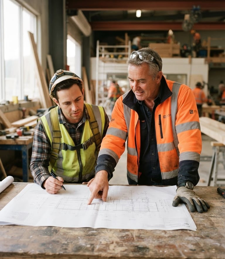 A supportive trainer pointing at a blueprint with an adult learner in a high-visibility vest, authentic documentary photography, bright natural daylight, warm realistic tones, 35mm
