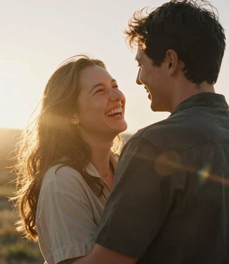 Candid medium shot of a laughing couple embracing under warm golden-hour sun, soft backlighting with natural lens flare, 35mm film look