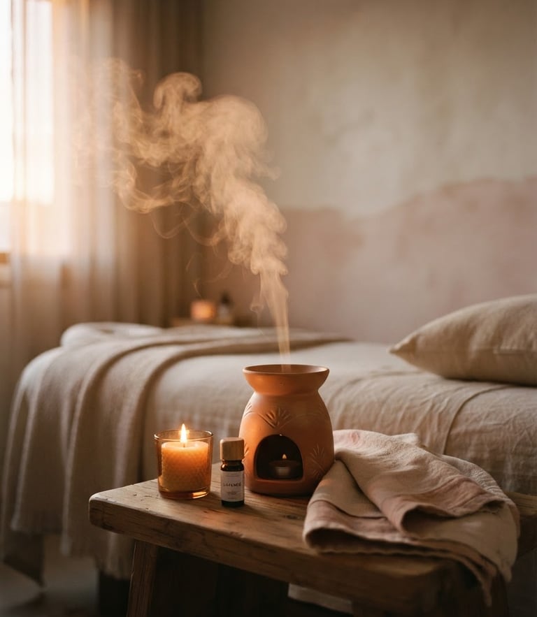 Warm editorial photography of soft steam rising in a dimly lit treatment room, gentle candlelit glow, muted cream and blush tones, shallow depth of field, 35mm