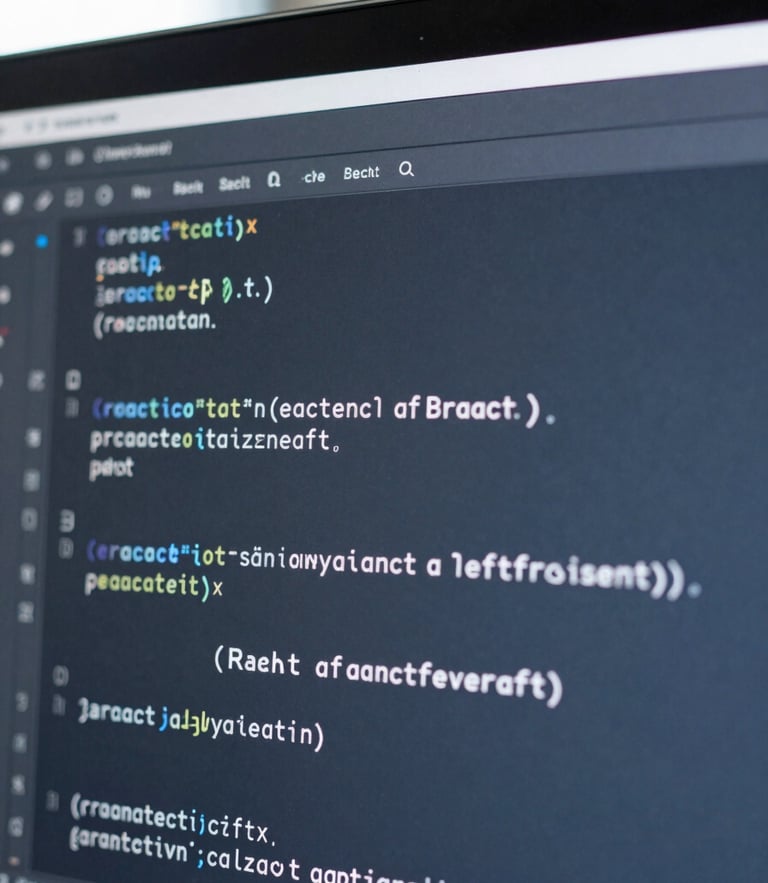 Macro shot of a high-resolution code editor displaying clean, structured React syntax, cool blue and slate gray tones, sharp focus, 35mm