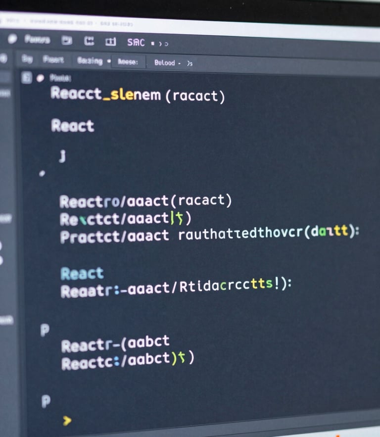 Macro shot of a high-resolution code editor displaying clean, structured React syntax under crisp, cool office daylight, 35mm
