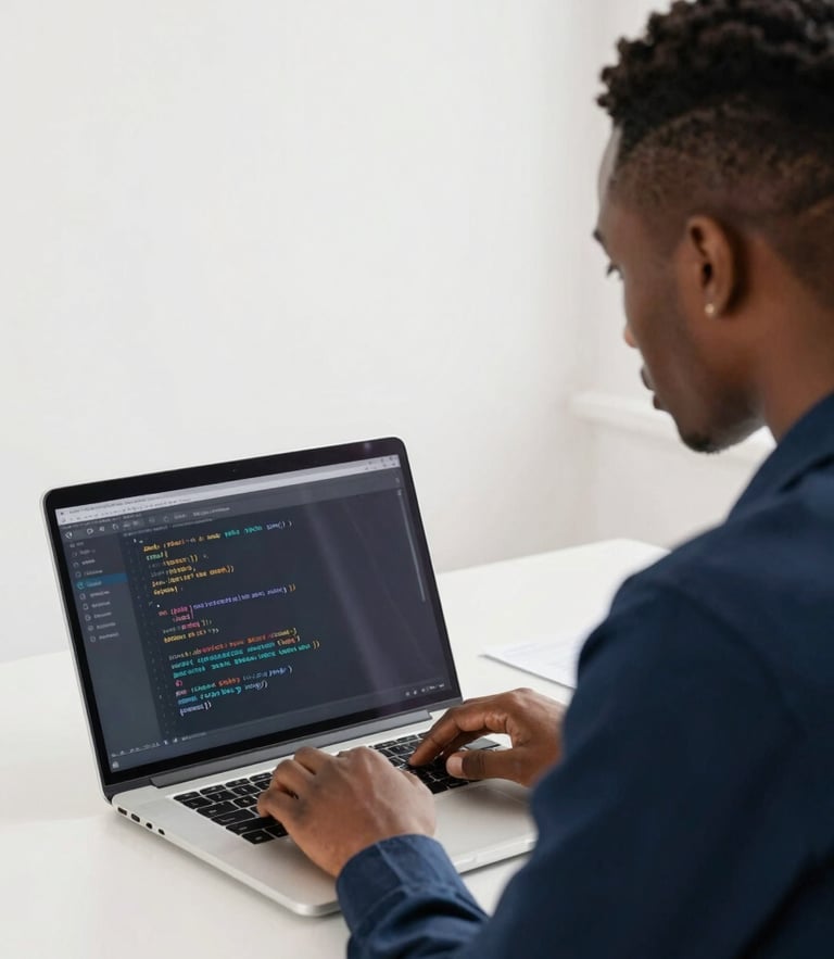 Over-the-shoulder shot of a young African professional actively coding on a laptop, bright natural daylight, corporate navy accents, 35mm