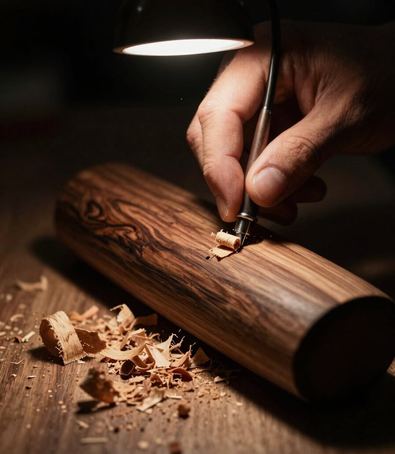 Extreme close-up of hands carving dark walnut wood under a single warm spotlight, wood shavings catching the light