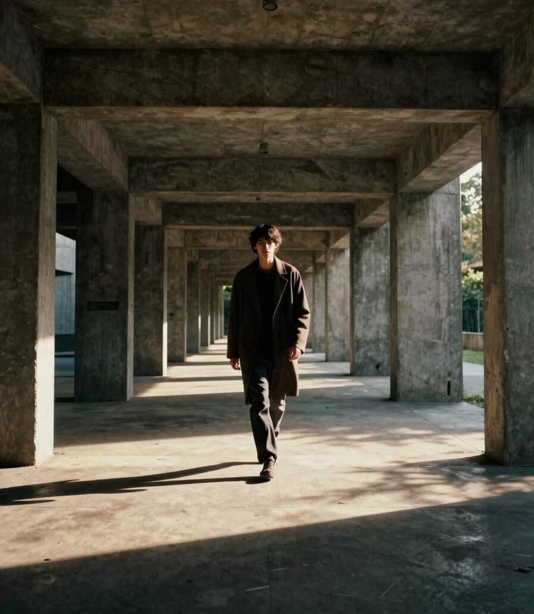 Cinematic wide shot of a model walking through a brutalist concrete pavilion, dramatic side-lighting, deep shadows, 35mm grain
