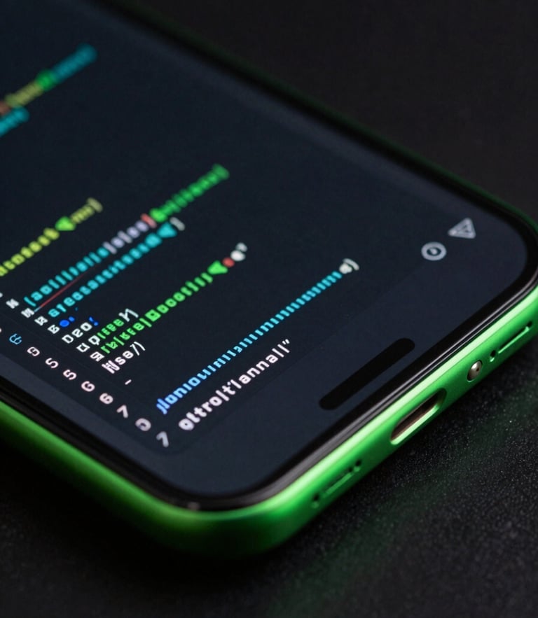 Macro close-up of a modern Android device screen in a dark ambient environment, electric green glow casting light on physical device edges, displaying high-fidelity code metrics and UI components.