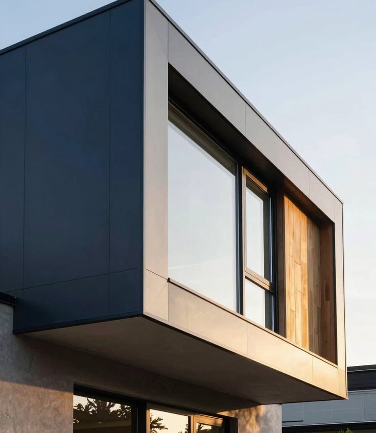 Premium architectural photograph of a modern modular home with clean geometric lines, soft golden hour lighting, steel and wood joints visible, high-end construction