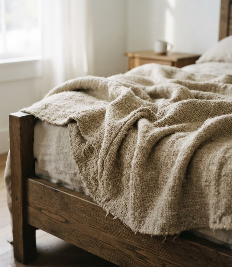 Medium shot of a rumpled bed quilt in un-dyed wool draped over a low wooden bedframe, soft indirect morning daylight casting gentle shadows, warm oatmeal tones.