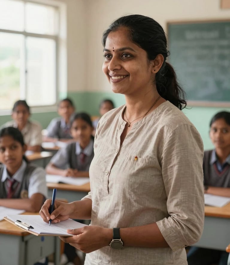 A medium shot of a local teacher in Meghalaya smiling warmly while presenting a lesson in a brightly lit classroom, with students actively participating in the background.