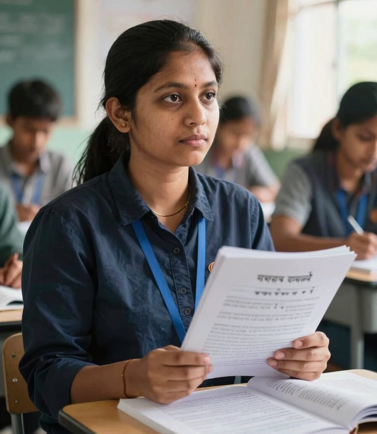 A medium shot of a local teacher in Meghalaya engaged in a training workshop, holding a printed vernacular textbook under natural classroom light.