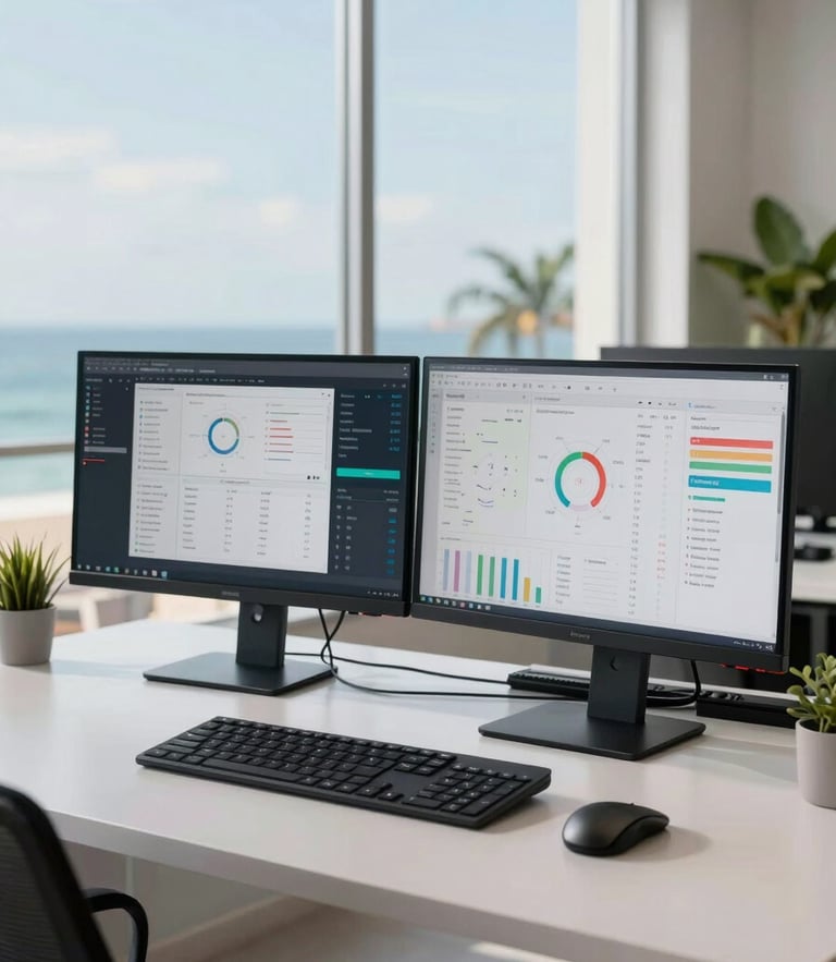 Wide environmental shot of a sophisticated modern nearshore workspace in Latin America, clean desk setups with dual monitors displaying real-time operational dashboard metrics, bright natural daylight