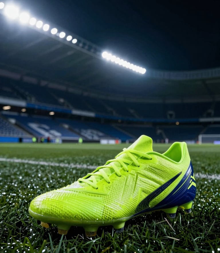 Extreme close-up of football boots on wet turf under dramatic night stadium floodlights, dynamic high-contrast sports photography, deep blue shadows with neon green highlights.