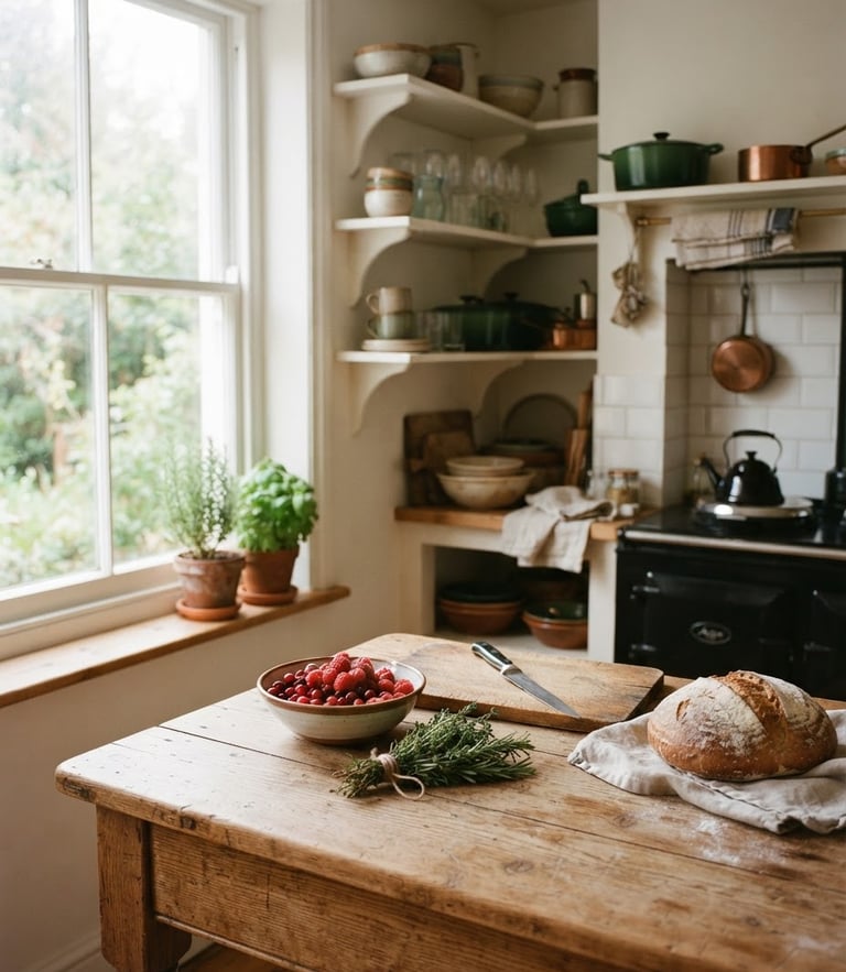 Cozy Scandinavian-style kitchen interior, soft natural morning window light casting gentle shadows across a rustic wooden prep table, rich crimson tones, 35mm film.
