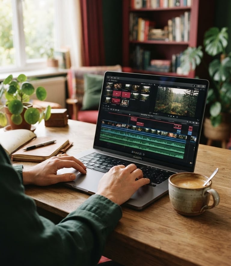 Hands editing a video timeline on a laptop, a warm ceramic mug of coffee beside them, soft morning window light, shallow depth of field, 35mm film.