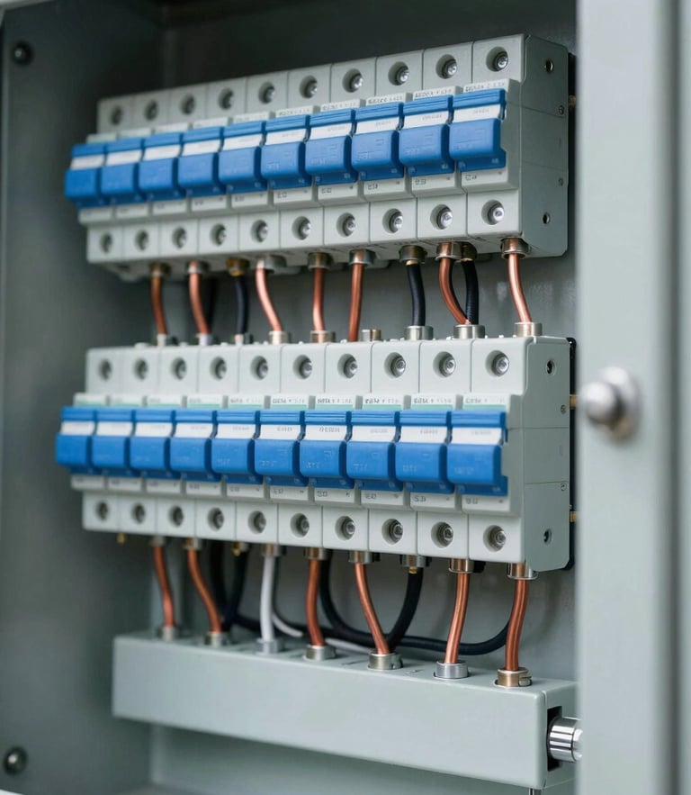Crisp architectural detail of a modern electrical panel, perfectly organized copper wiring and safety blue breakers, bright cool-toned work light, sharp focus, 35mm lens.