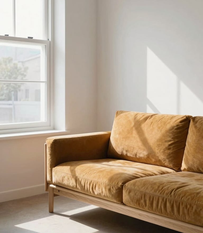 Bright editorial interior photography, natural window light, a modern Scandinavian living room with a solid-timber framed sofa, soft window shadows, 35mm