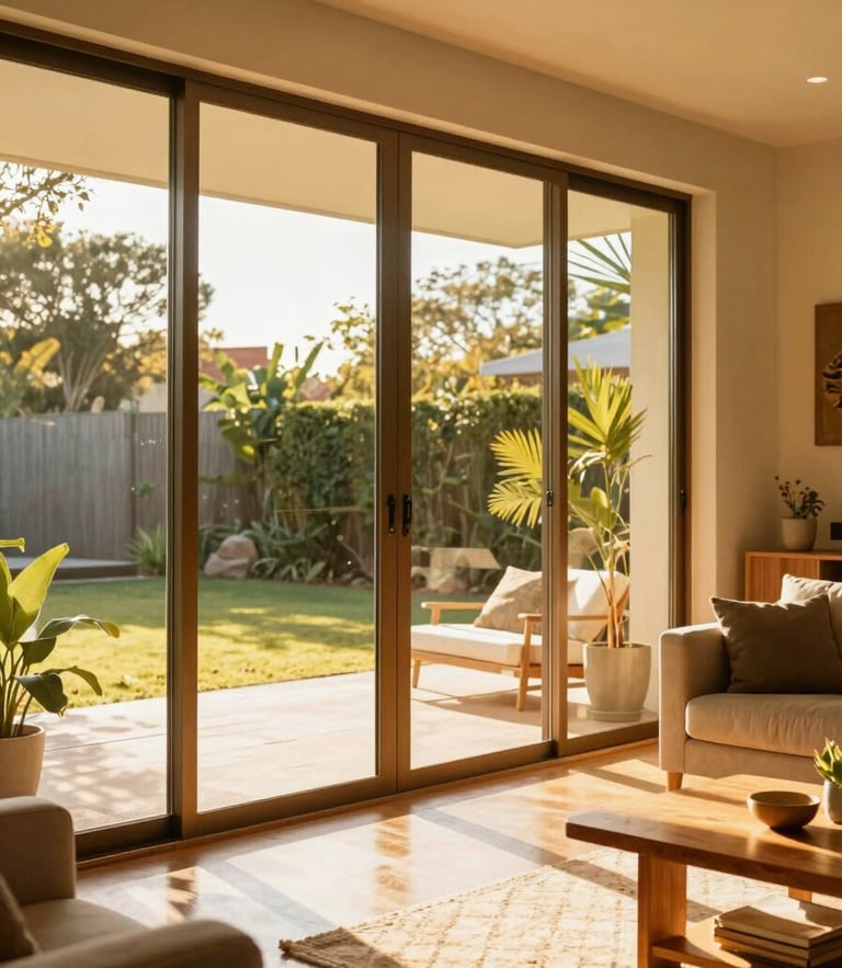Bright sun-drenched Argentine living room with large installed aluminum sliding doors, warm golden-hour sunlight streaming through clean glass, high-contrast vibrant colors, 35mm lens