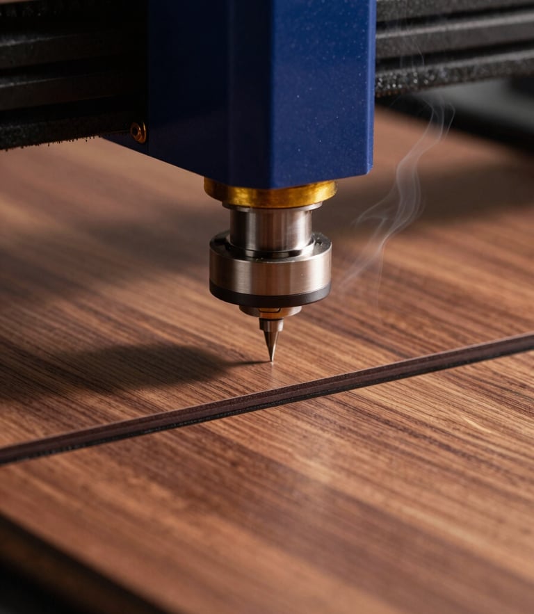 Macro close-up of a high-precision laser cutter creating clean dark edges on a polished wood sheet, warm studio lighting, atmospheric smoke, deep jewel tones.