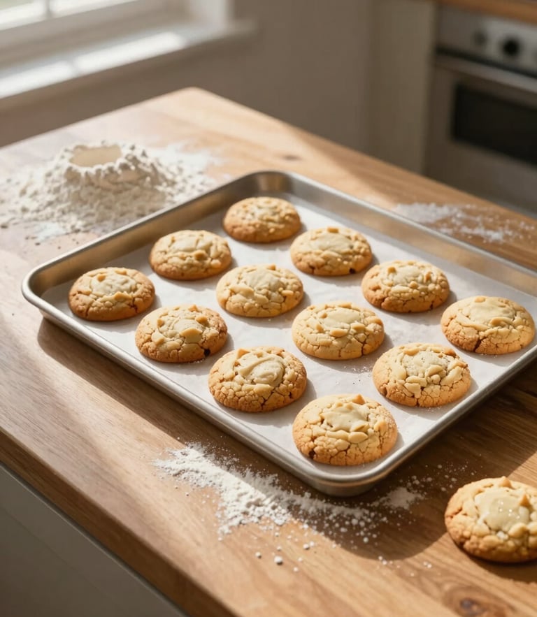 Overhead flat-lay of a wooden kitchen table with stone-ground flour dusted around a baking sheet of golden-baked cookies, warm morning sunlight, soft shadows