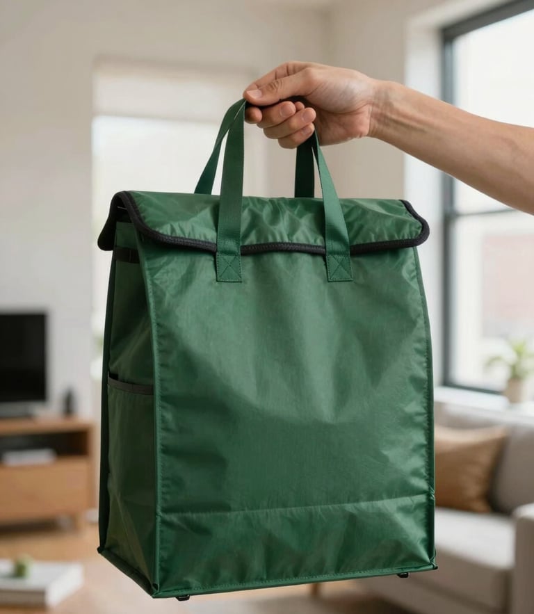A close-up of a professional hand in a clean, modern Manhattan apartment holding a sleek, unmarked forest green paper delivery bag, soft natural window light