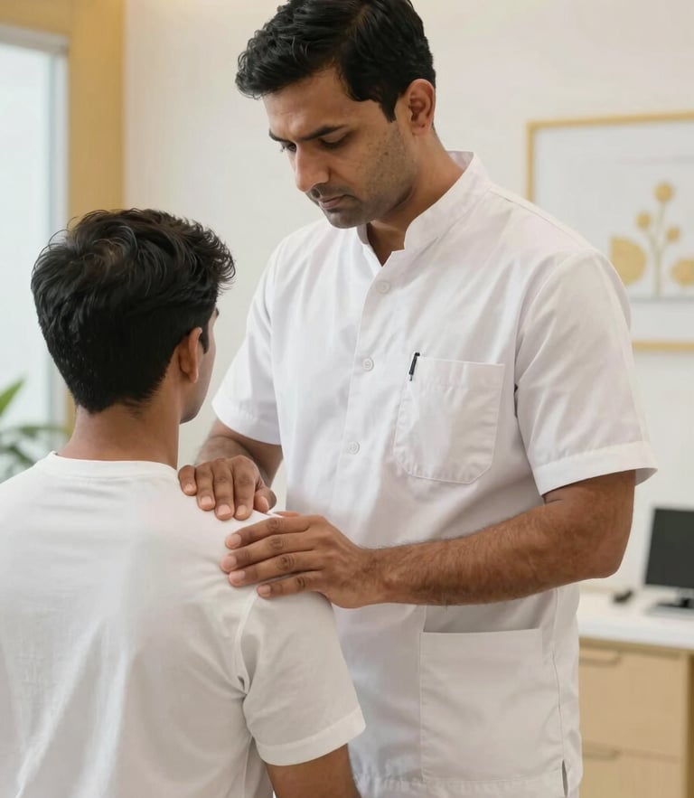 Dr. Ganesh Choudhary (PT) performing a precise manual therapy adjustment on a patient's shoulder in a bright, modern clinic setting, warm gold accents, professional clinical photography