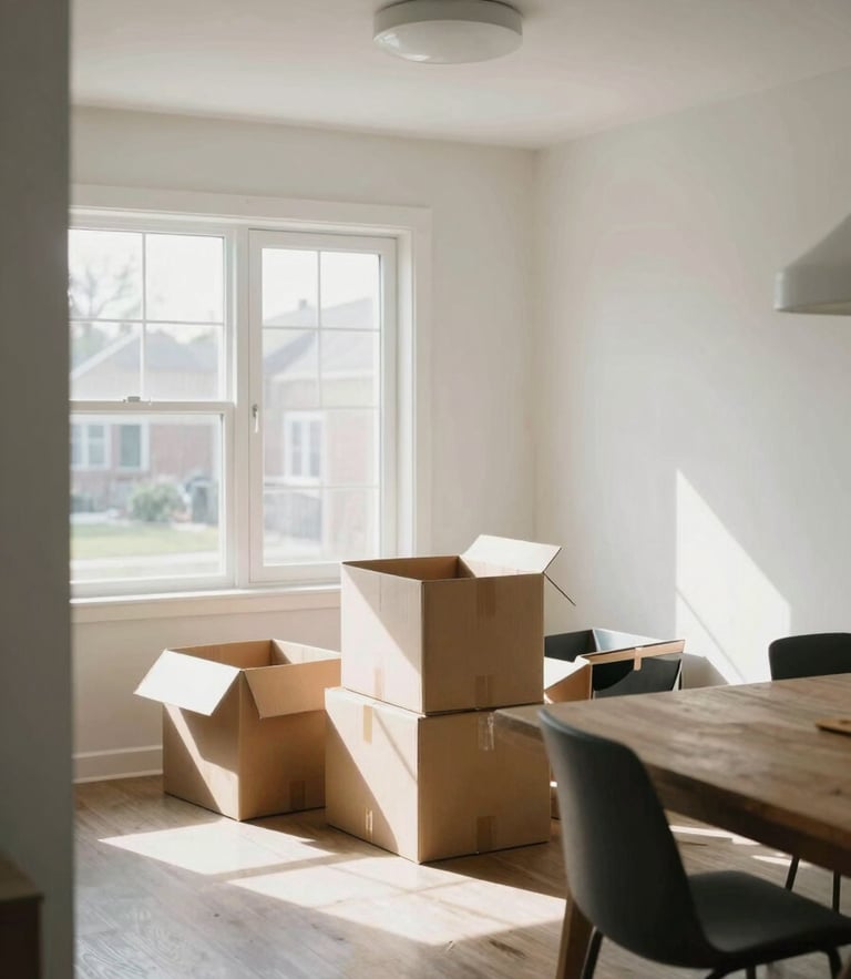 A bright, modern Ontario residential interior with soft natural daylight illuminating a clean living space with unpacked boxes near a wooden table, candid atmosphere.
