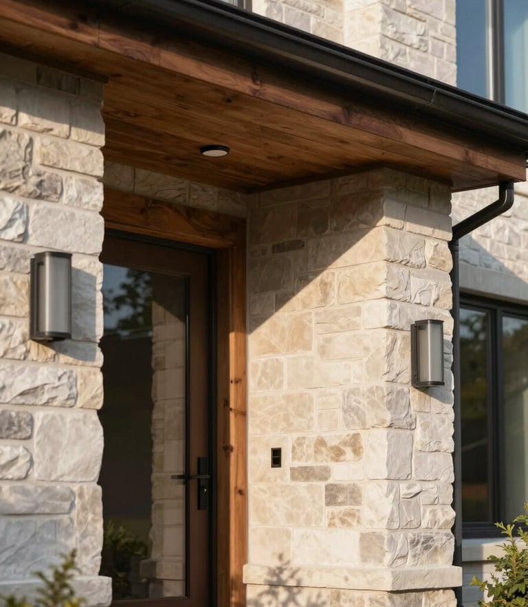 A close-up architectural detail of a modern Ontario home entrance, warm natural daylight casting soft shadows on clean stone and wood facade, environmental framing.