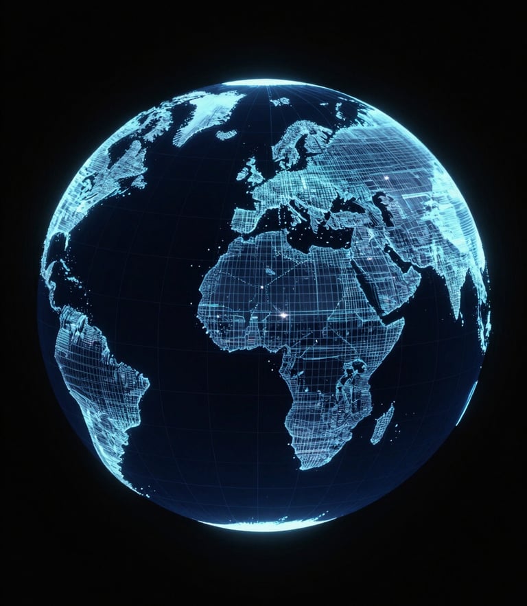 abstract 3d render of a glowing vector globe, deep navy and black, high-contrast digital telemetry, orthographic view