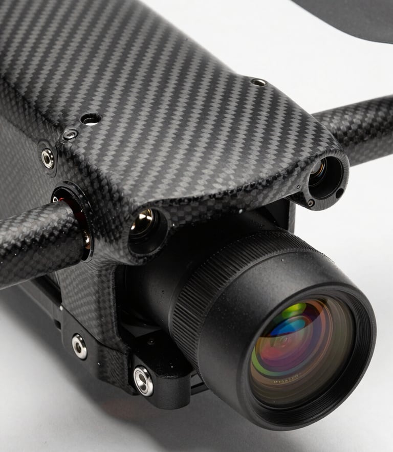 Extreme close-up of a carbon fiber drone chassis and calibrated LiDAR sensor payload, crisp studio lighting highlighting technical mechanics and lens reflections.