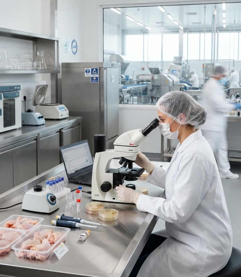 Bright high-tech laboratory inside a modern poultry processing facility, clean stainless steel equipment, professional quality inspector in white protective gear examining samples, sharp focus