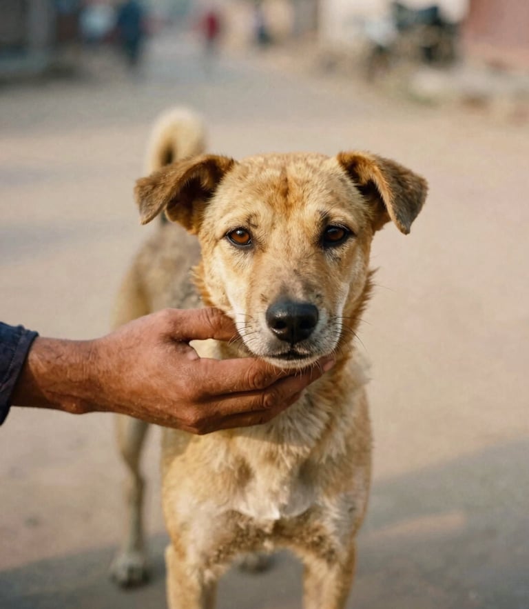 A close-up portrait of a street dog being gently patted by a volunteer's hand, warm golden hour light, dusty street background in Satna, 35mm film style.