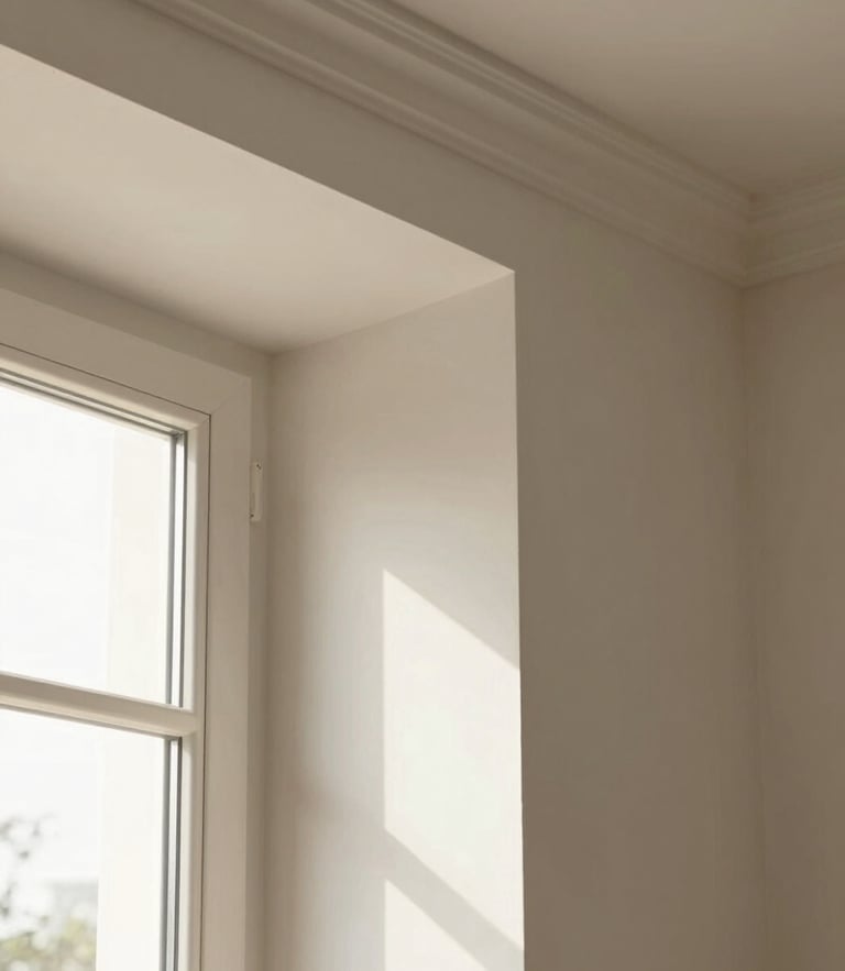 Close-up of elegant wall moulding with clean joints under soft natural window light, architectural focus