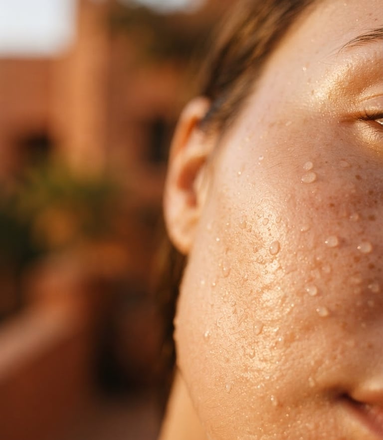 Macro close-up of glowing skin with soft golden hour light, water droplets, rich terracotta background, shallow depth of field, 35mm