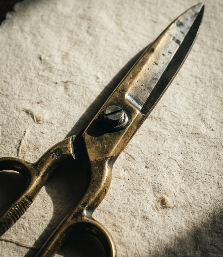 Extreme close-up of heavy brass shears resting on textured cream cotton paper, dramatic side-lighting, deep shadows