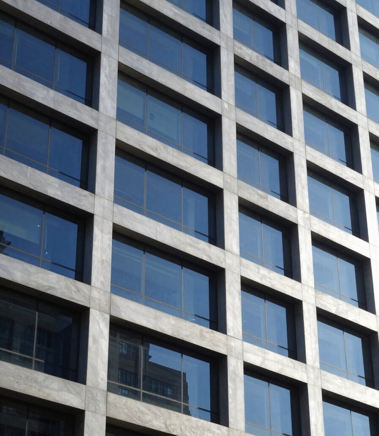 Crisp corporate photography, cool natural daylight, royal blue and silver tones, modern architectural office in Mexico City, structured lines, 35mm