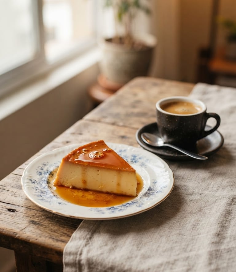 Pudim Bão servido em prato de louça fina ao lado de uma xícara de café expresso, com luz lateral suave, tons de caramelo e creme.