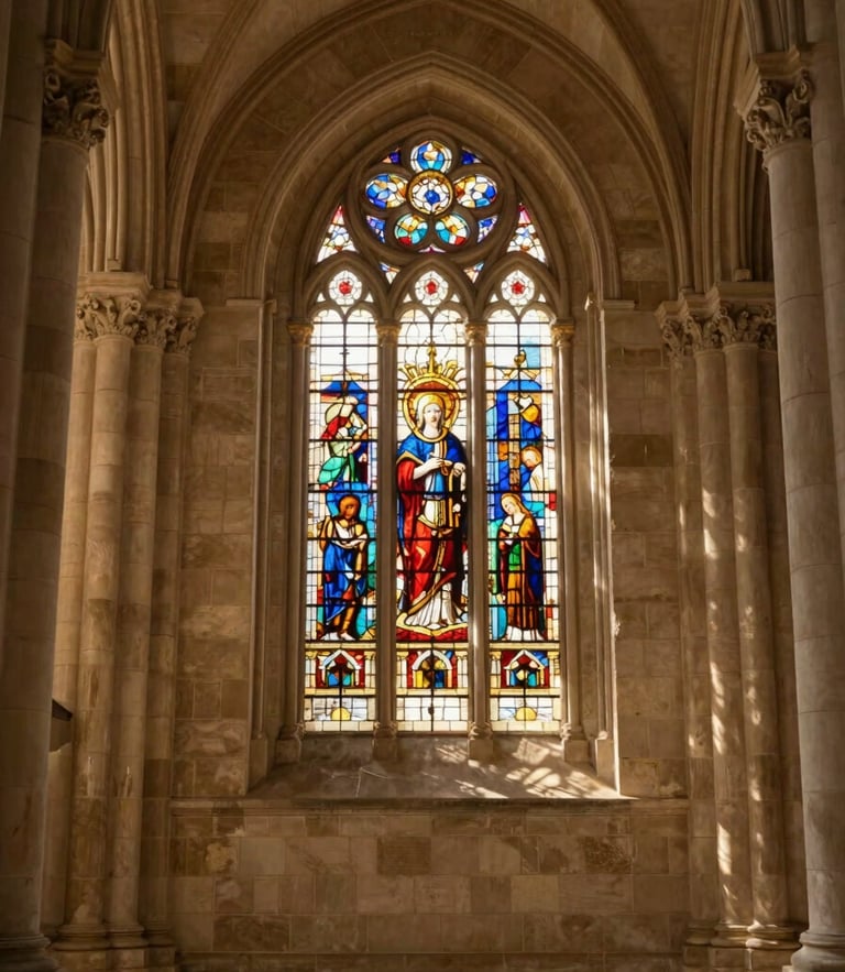 Warm editorial photography of the sunlit stone interior of the basilica of Notre Dame de Bon Secours, soft natural light filtering through stained glass, 35mm, shallow depth of field