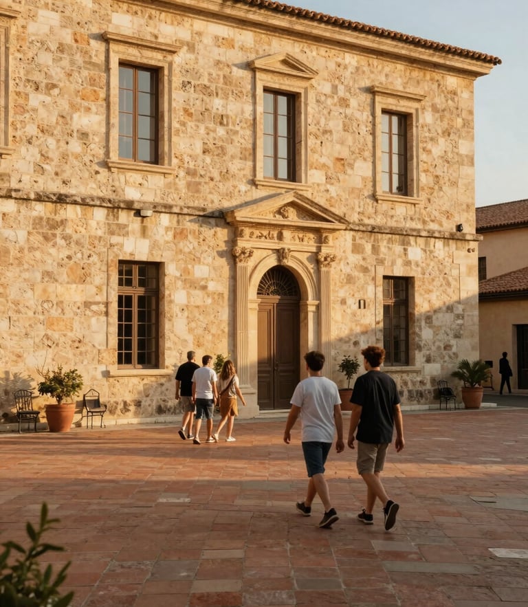 Warm golden-hour shot of the Maison Saint-Joseph stone facade, families walking in the courtyard, sun-bleached terracotta tiles, 35mm photography