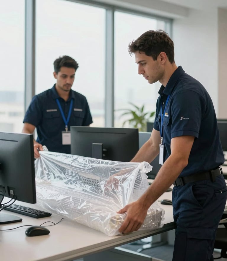 Medium shot, clean UAE daylight streaming through large office windows, professional movers in navy uniforms carefully wrapping a dual-monitor corporate workstation with heavy-duty anti-static bubble wrap.