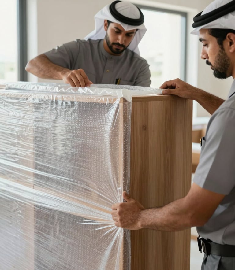 Movers in uniform carefully wrapping a wooden cabinet corner with double-ply protective bubble wrap inside an Abu Dhabi apartment, bright natural daylight.