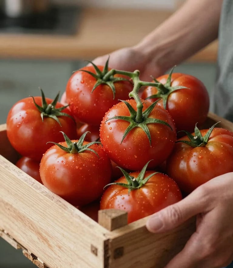 Close-up shot of hands holding a rustic wooden crate filled with fresh heirloom tomatoes, soft side daylight highlighting the rich red skins and green vines, kitchen background out of focus.