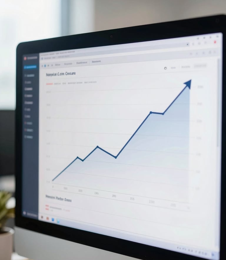 Close-up of a digital analytics dashboard on a screen in a bright Mumbai office, showing upward trend lines, clean daylight, 35mm lens