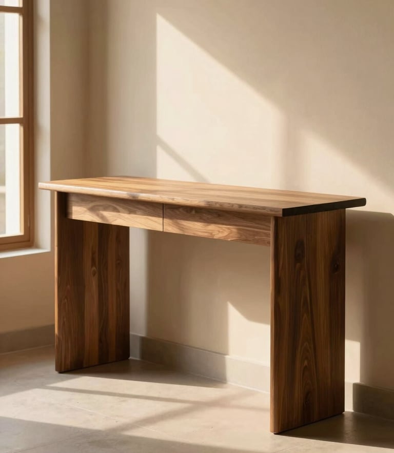 Warm editorial photography of a minimalist walnut console table in a sunlit Lahore living room, soft golden-hour window light, 35mm
