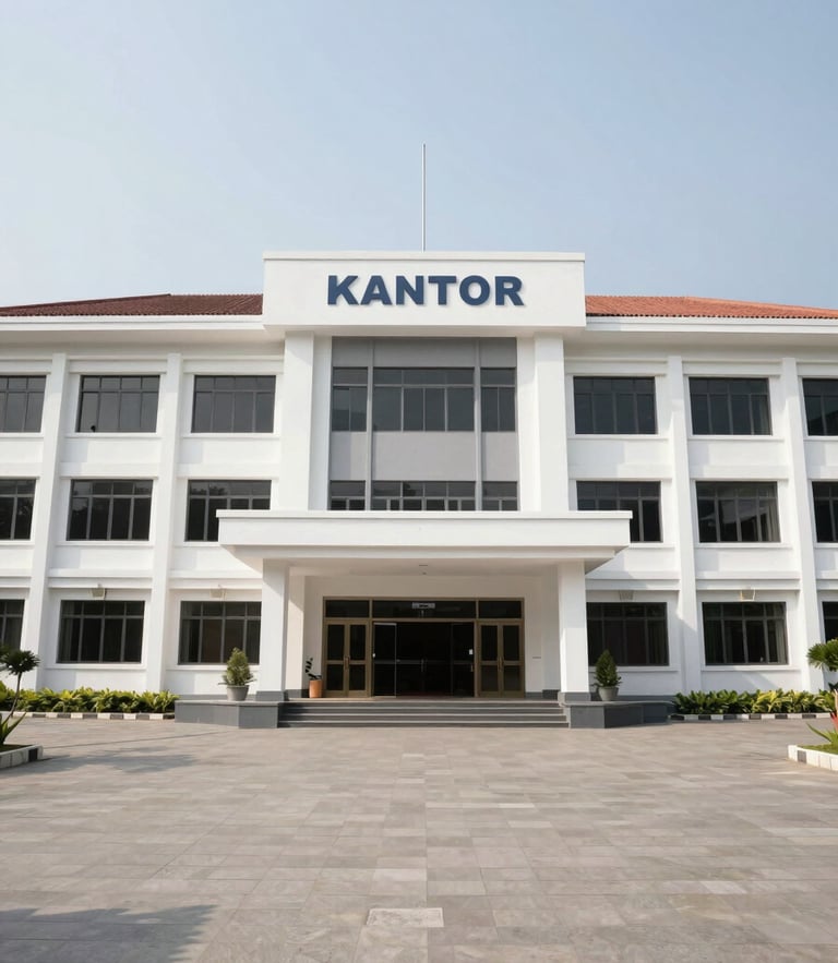 Front view of the clean, modern architecture of Kantor Kementerian Agama Kota Semarang in bright natural daylight, wide angle, high-readability composition