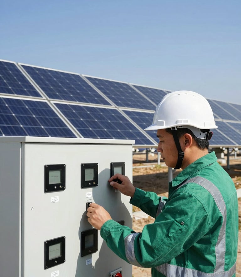 Vista de perfil de un ingeniero con casco de seguridad examinando un panel de control de alta tecnología en una planta solar moderna, iluminación diurna brillante, tonos azules y verdes, enfoque nítido, 35mm