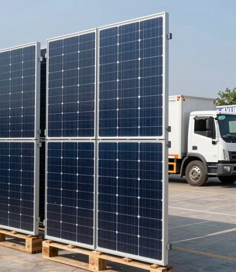 A vertical portrait of a modern solar distribution warehouse in India, with stacked Tier-1 PV modules on pallets and a delivery truck in the background, bright daylight.