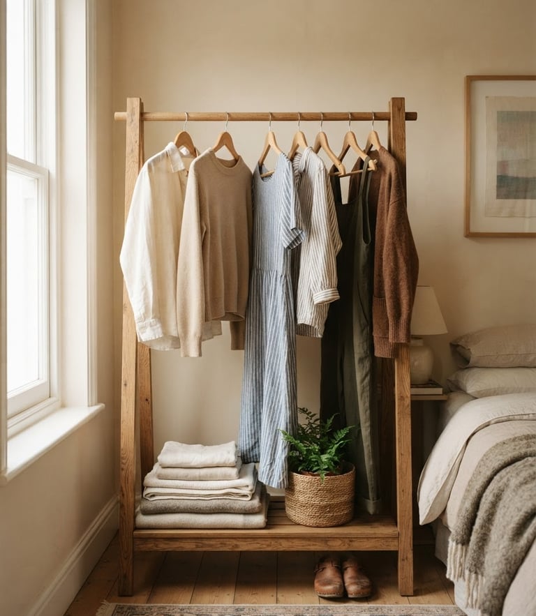 Soft natural indoor daylight, a cozy wooden clothing rack with linen and cotton clothes on wooden hangers, warm domestic setting, 35mm lens