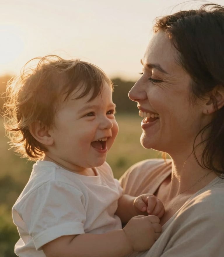 A candid close-up of a mother laughing with her toddler, warm golden hour backlighting, natural lens flare, soft focus, cinematic 16:9 feel.