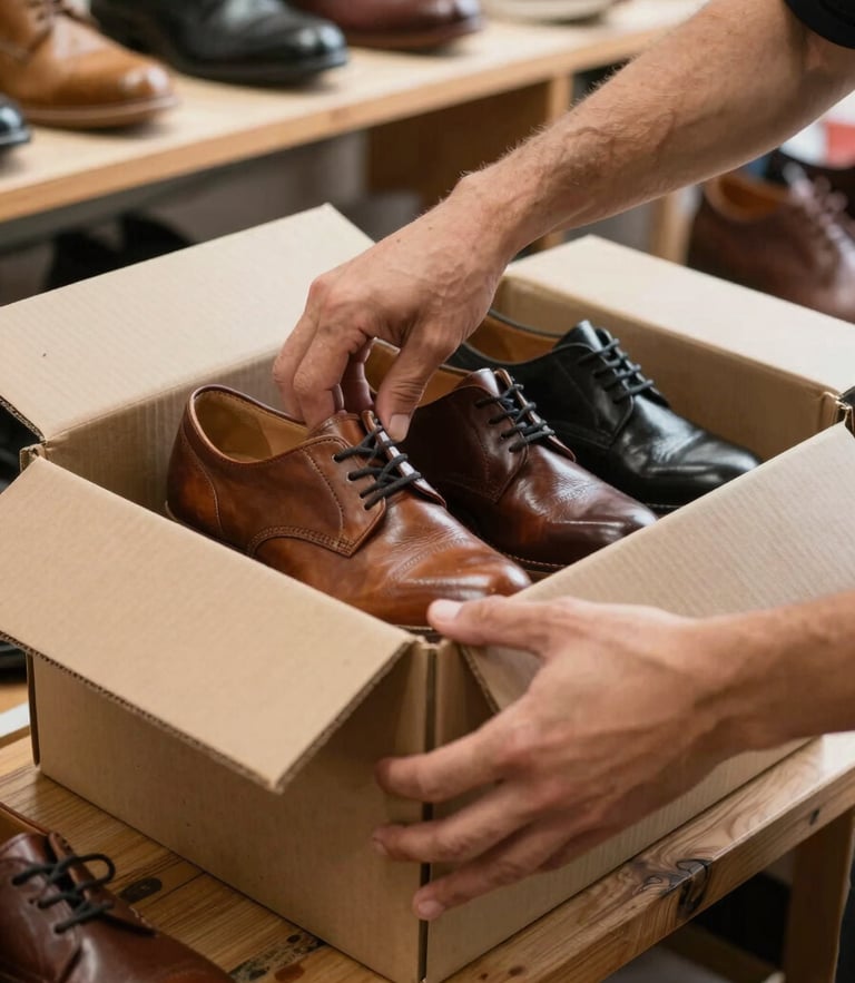 A close-up of hands opening a heavy cardboard box on a wooden shop counter, revealing neatly stacked leather shoes inside, bright natural market lighting.