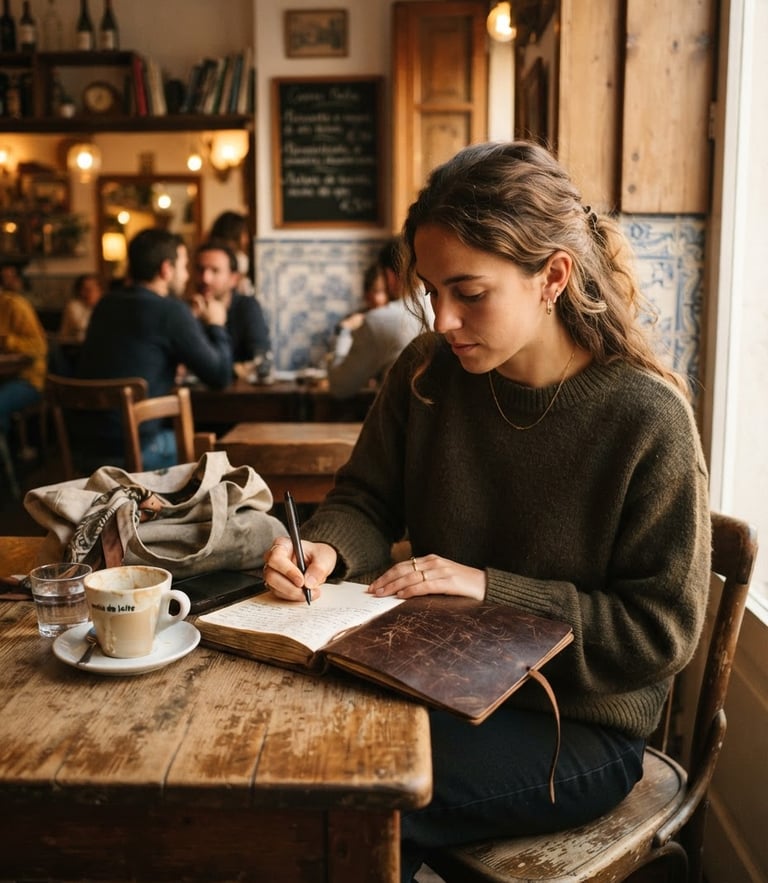 Candid shot of a woman sitting at a rustic wooden table in a warm-lit Lisbon cafe, writing in a worn leather travel journal, soft golden hour light, authentic documentary photography, 35mm film grain