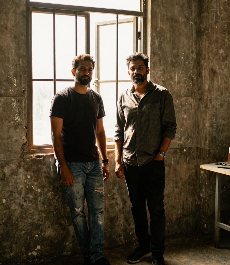 Candid portrait of two Indian creative partners in a raw, concrete Mumbai studio space, high-contrast afternoon sun streaming through a metal-framed window, warm golden tones, unpolished editorial style.